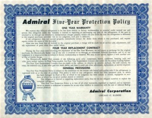 Documento de garantía de refrigerador Admiral